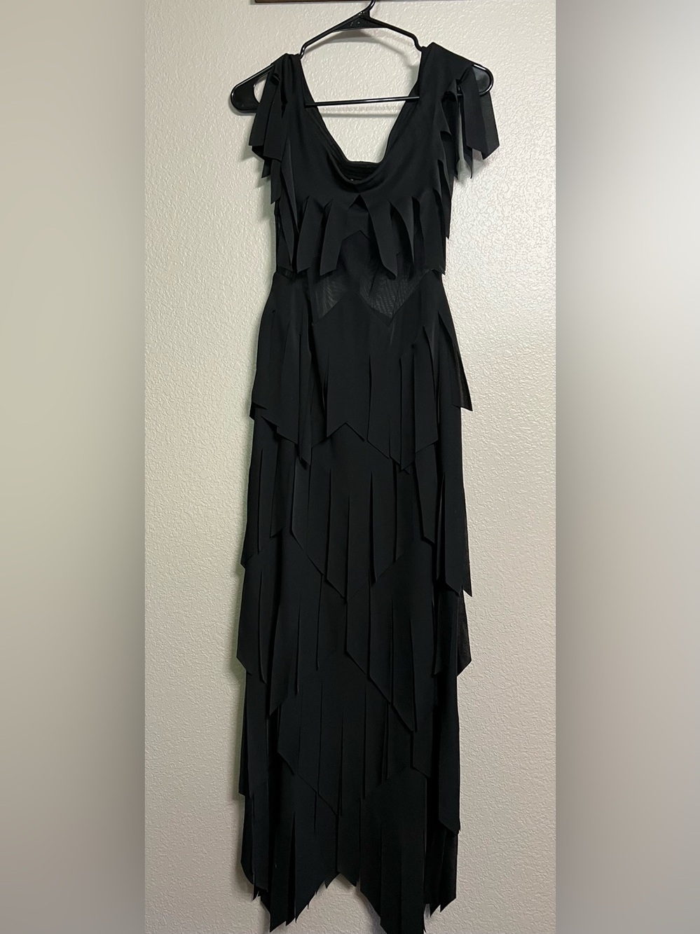 Vintage Tadashi Shoji Black Fringe Mesh Maxi Dress Gown Size S Made in USA